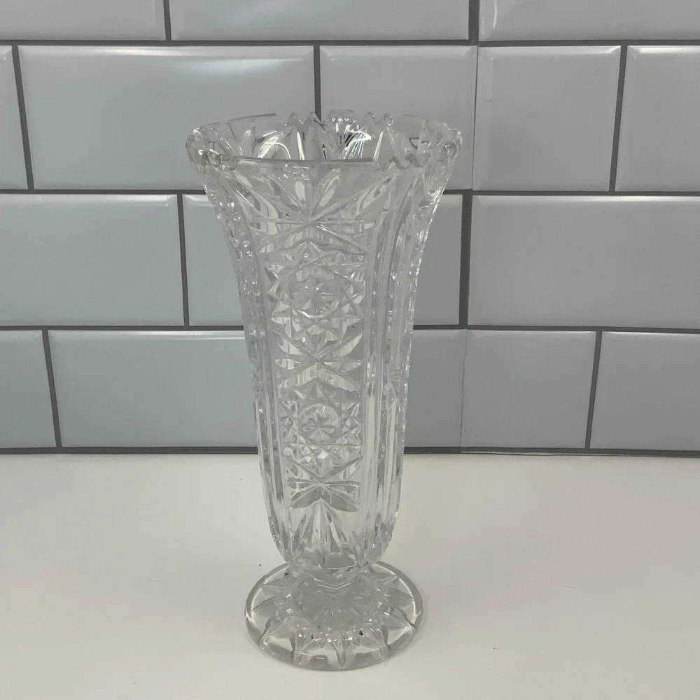 Vintage Cut Crystal Glass Footed Trumpet Vase Starburst Scalloped Rim 8 Inch